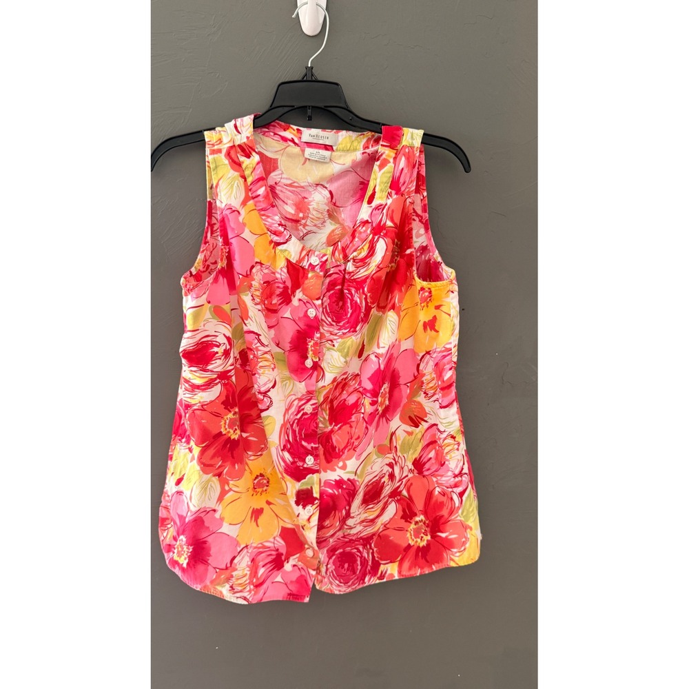 Van Heusen Womens Floral Sleeveless Button Down Blouse Pink Orange‎ Cotton L